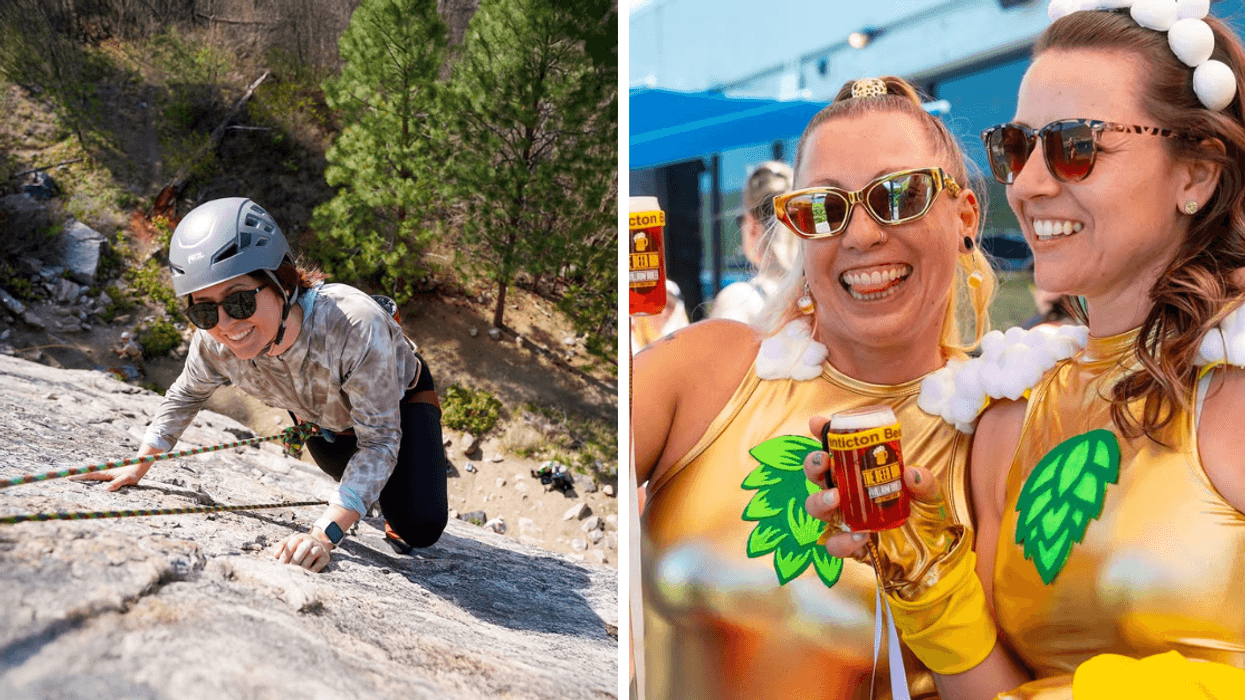 Rock climbing at Skaha Bluffs. Right: Penticton Beer Run.