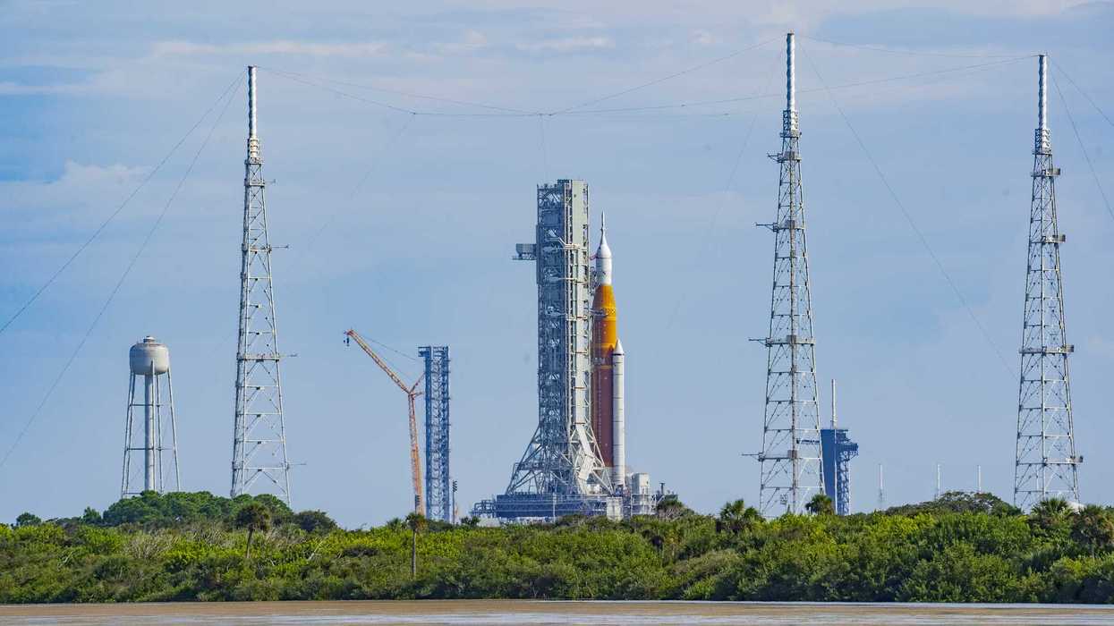 Rocket on a launch pad at Kennedy Space Center.