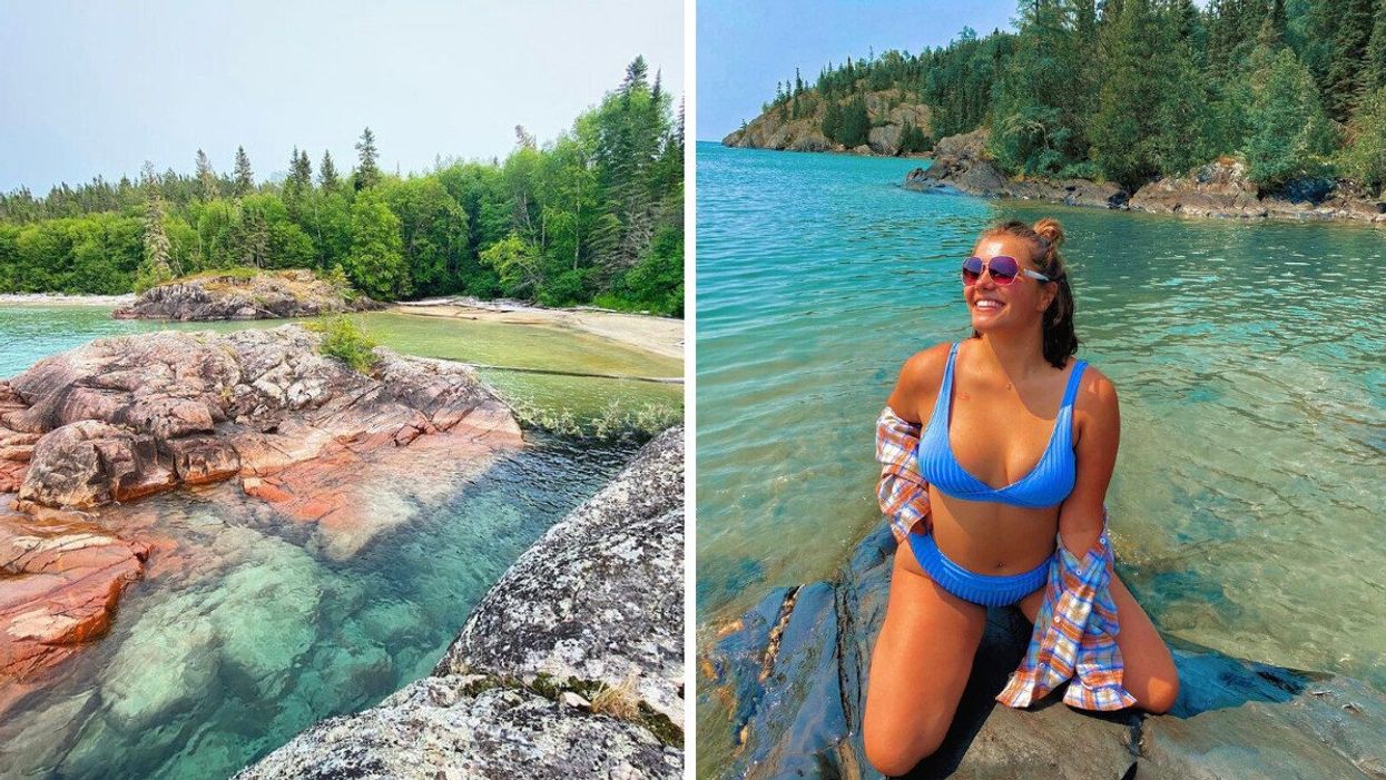 Rocks and blue water at a beach. Right: Woman sitting by the water.