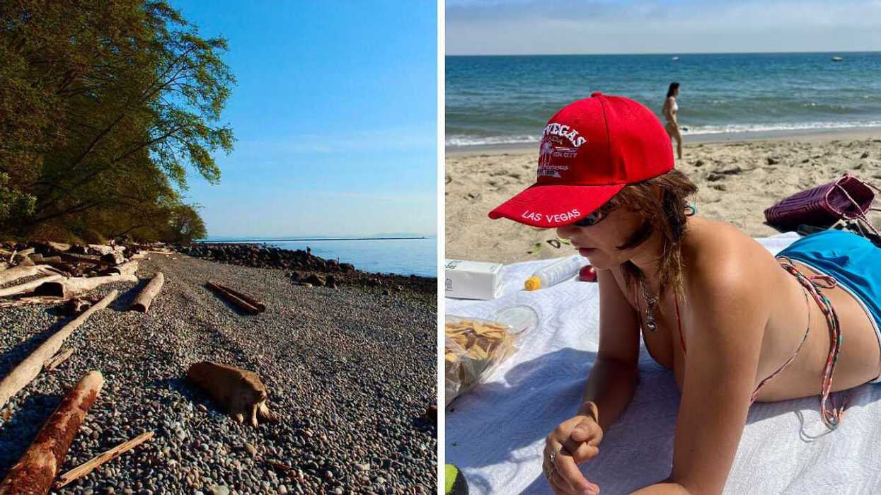 Rocky beach with long logs and trees with blue sky and ocean in background. Girl in swimsuit and red hat lying on towel at the beach on a sunny day.