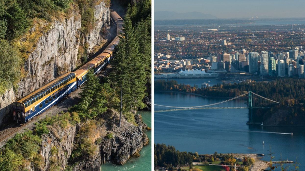 Rocky Mountaineer train. Right: Vancouver BC.