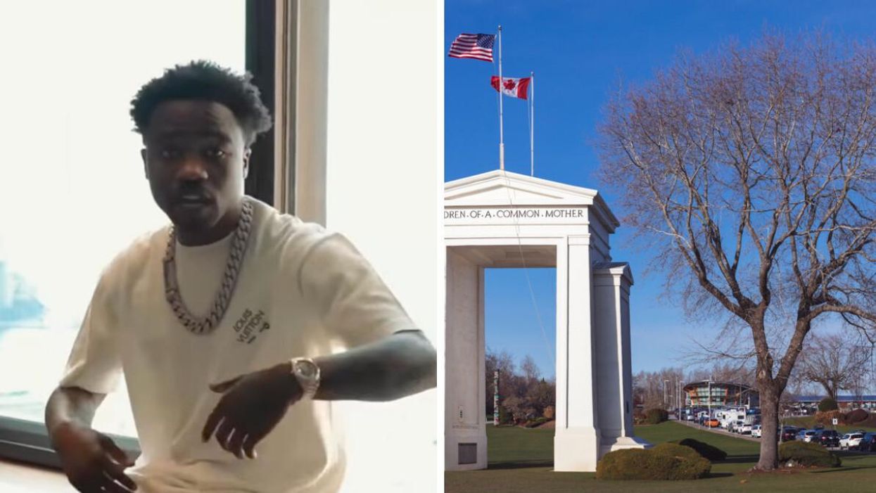 Roddy Ricch. Right: Canada-US border in B.C.