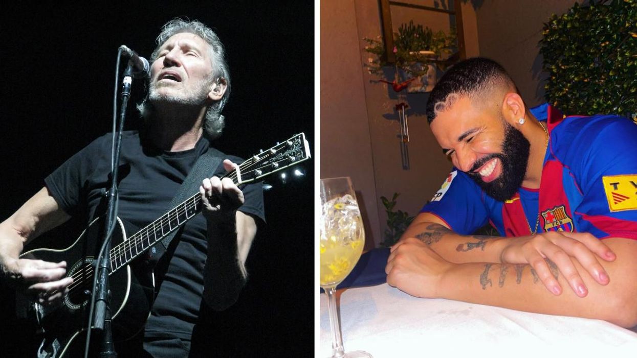 Roger Waters performing. Right: Drake laughing.