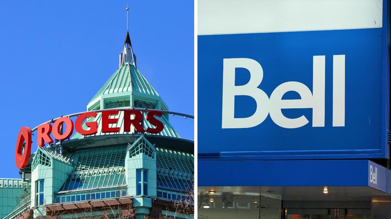 Rogers headquarters in Toronto. Right: A Bell Canada storefront.