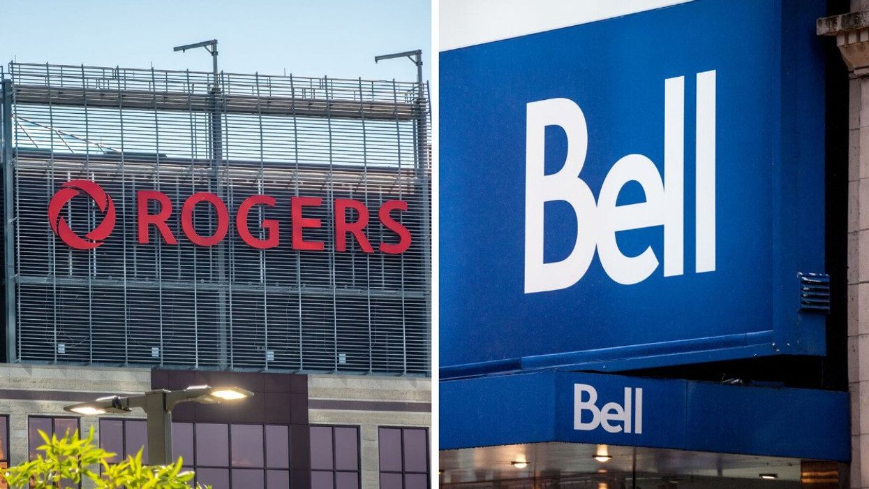 Rogers sign on a building. Right: Bell storefront.