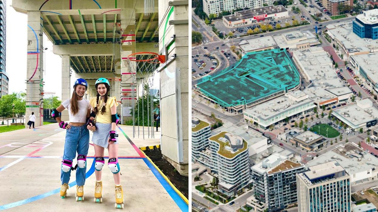 Roller skating in Toronto, Ontario. Right: CF Shops at Don Mills.
