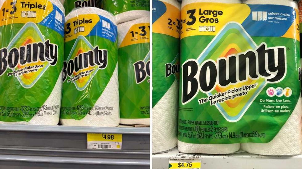 Rolls of Bounty paper towels in green, yellow and black packaging. Right: Bounty paper towels on a store shelf.
