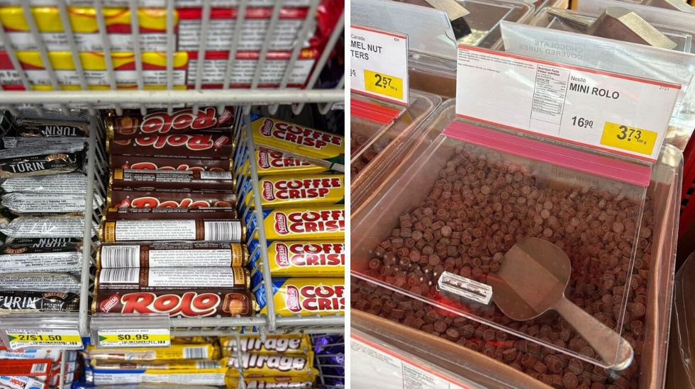 rolo chocolates at dollarama. right: bin of rolo chocolates at bulk barn