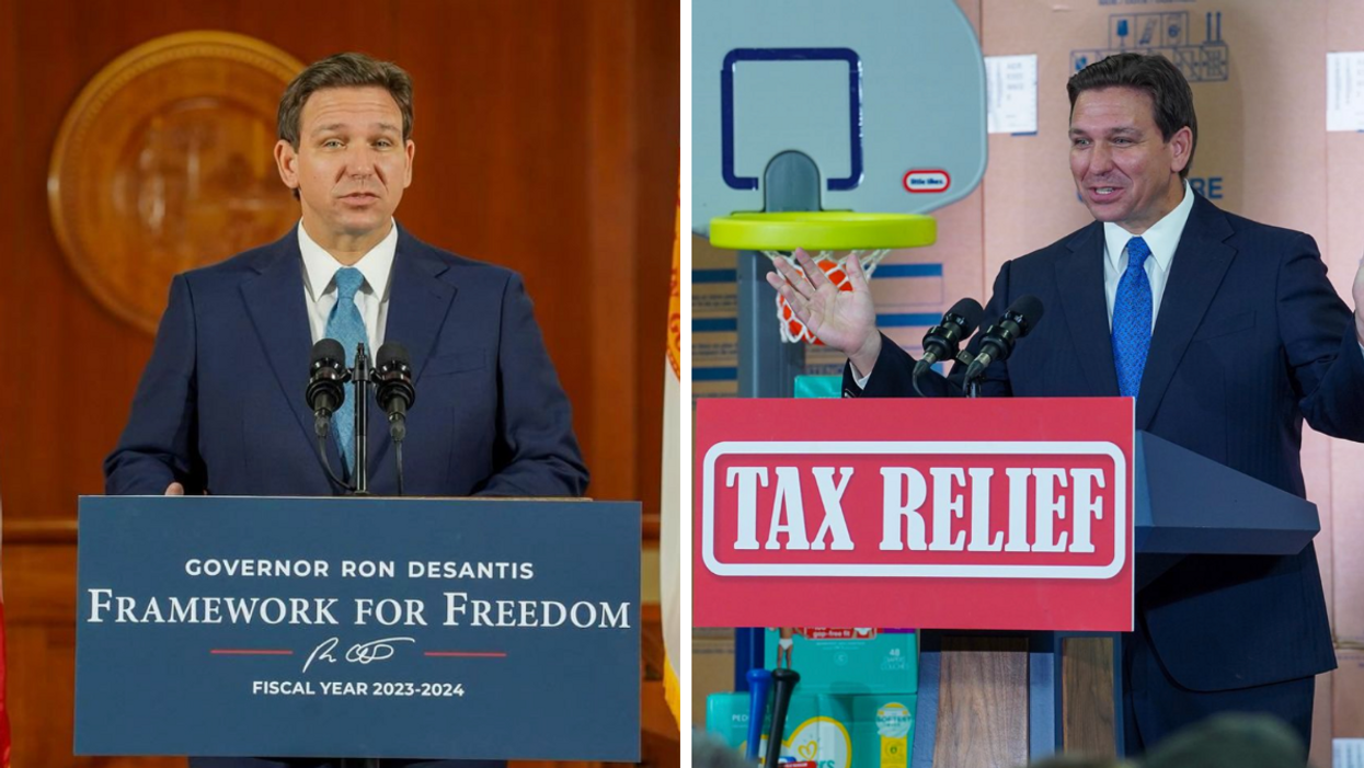 Ron DeSantis at a podium. Right: Ron DeSantis discussing his Tax Relief plan.