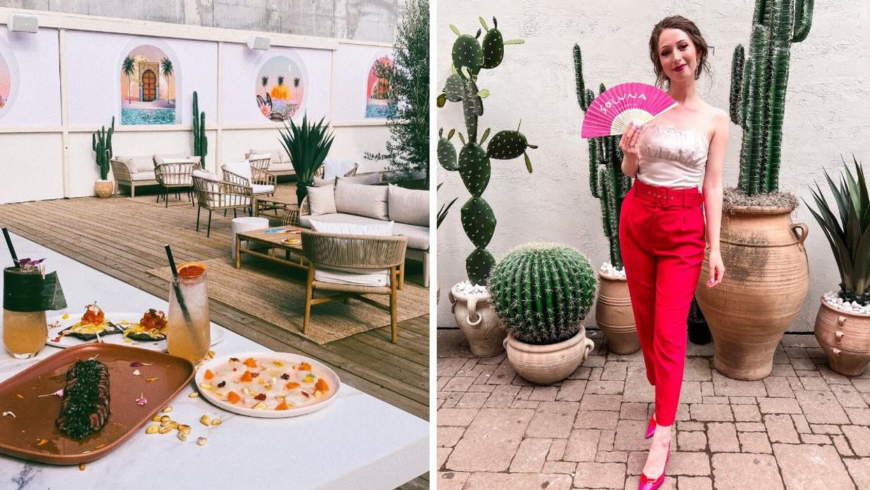 Rooftop patio at Soluna. Right: Woman standing by cacti holding a fan.