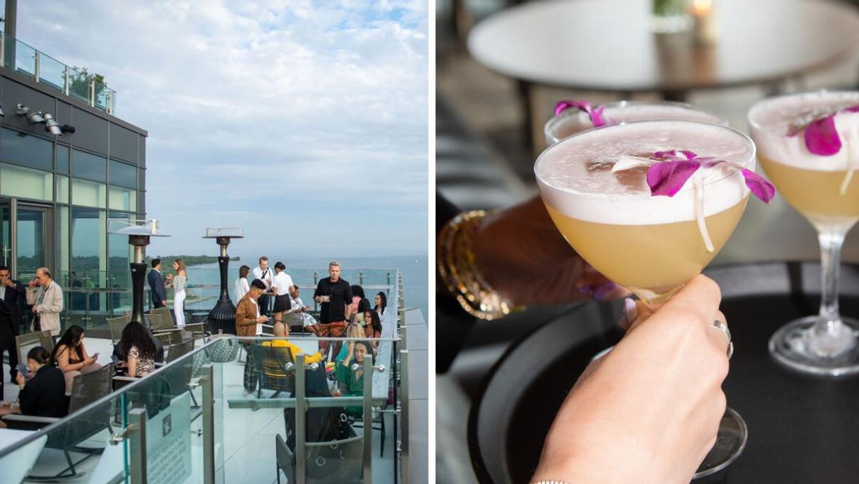 Rooftop patio with lake views in Toronto, Ontario. Right: Cocktail with purple flower on top.