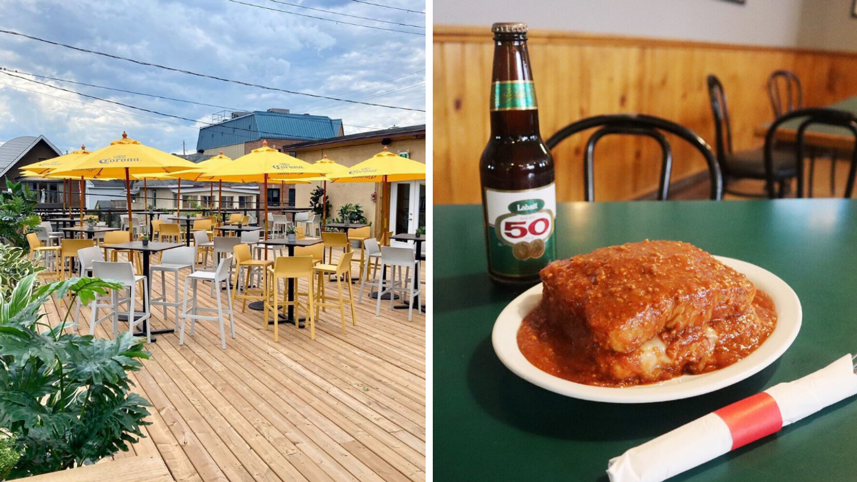 Rooftop patio with yellow umbrellas in Ottawa. Right: Meatball sandwich from The Prescott.