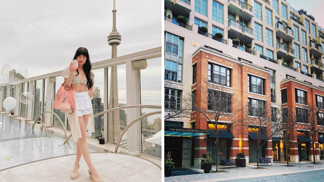 Rooftop pool at Bisha Hotel near the CN Tower. Right: Street view of The Hazelton Hotel in Yorkville.