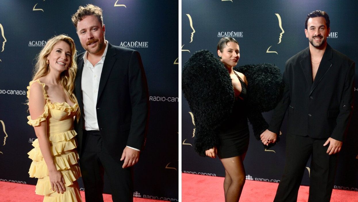 Rosalie Vaillancourt et son mari Olivier Auger sur le tapis rouge des Prix Gémeaux. Droite : Catherine Brunet et Félix-Antoine Tremblay sur le tapis rouge des Prix Gémeaux.