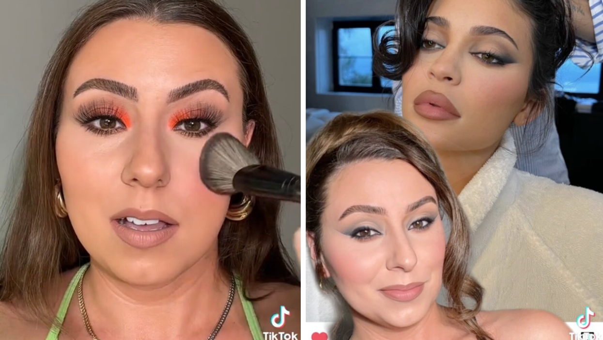 Rose Siard creating a makeup look. Right: Siard posing for a Kylie Jenner tutorial on TikTok.