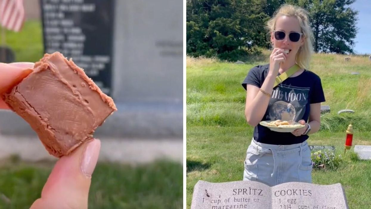 Rosie Grant holding a piece of fudge at a cemetery. Right: Rosie Grant eating a cookie next to a tombstone.