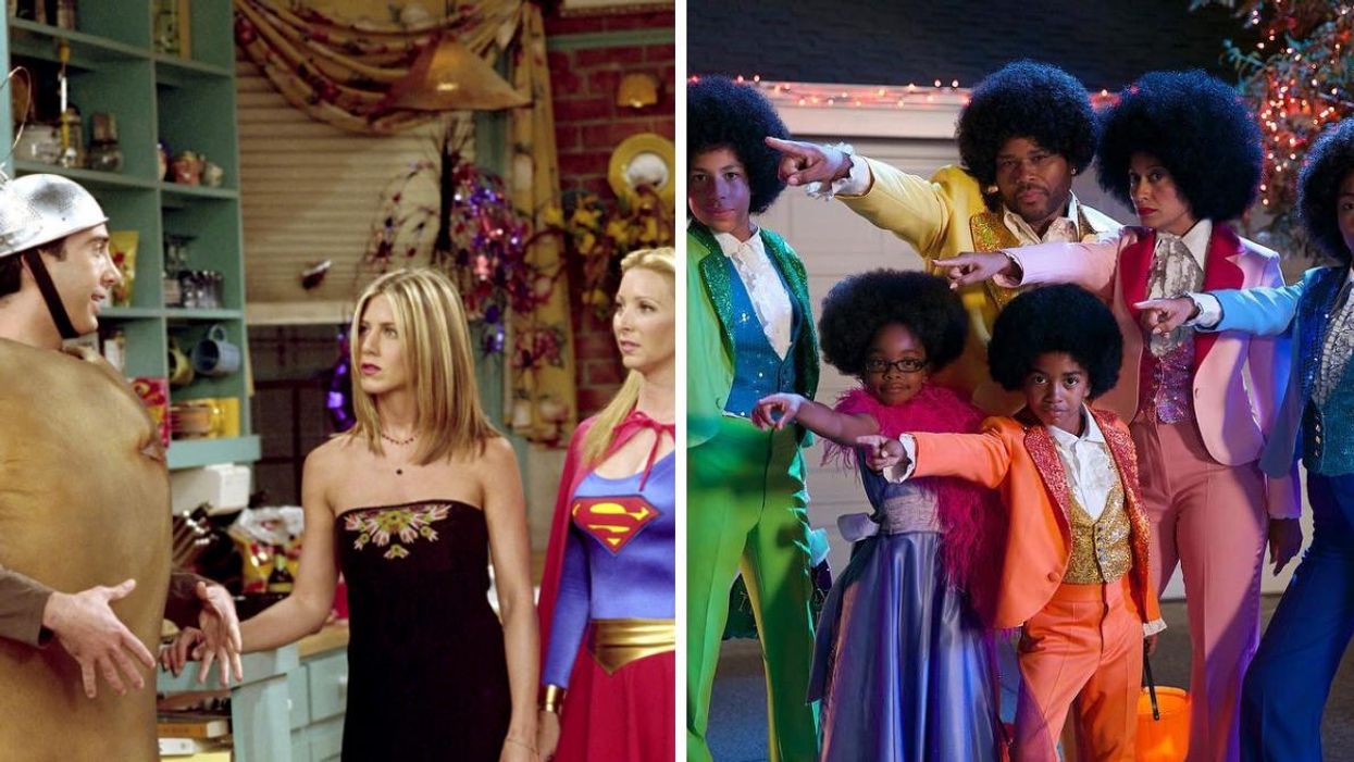 Ross, Rachel and Phoebe in the 'Friends' Halloween episode. Right: Johnson family dressed up in a 'Black-ish' Halloween episode.