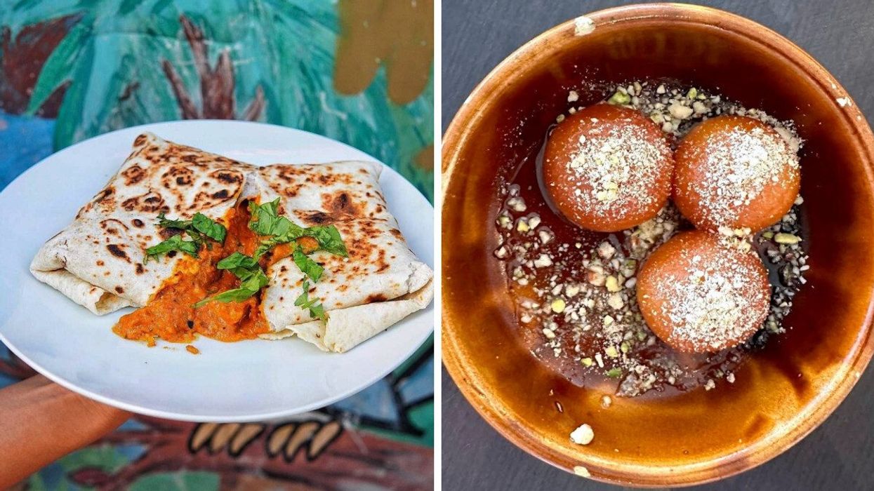 Roti and curry from Roti Mahal. Right: Gulab Jamun from Leela Indian Food.