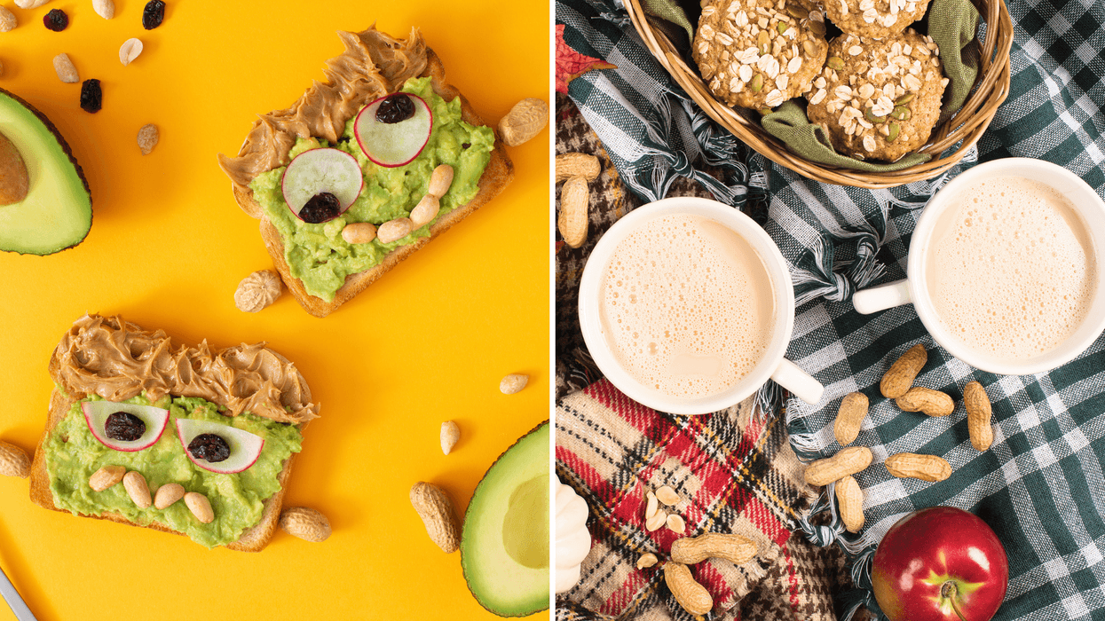 Rôties au beurre d’arachide et à l’avocat. Droite: Biscuits, boissons crémeuses et arachides.