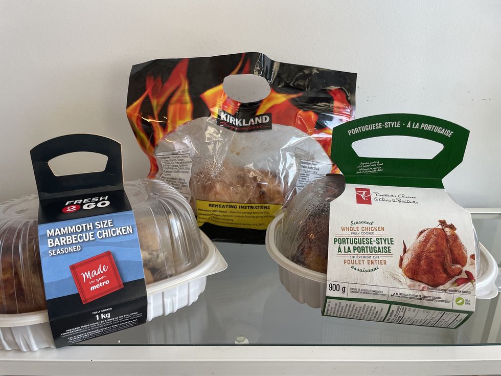 Rotisserie chickens from three Ontario grocery stores.