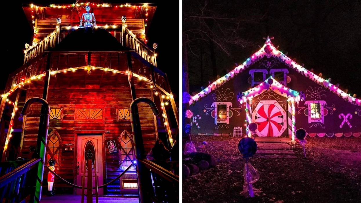 Rotten manor with holiday decor. Right: Haunted gingerbread house.