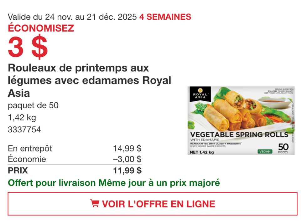 Rouleaux de printemps aux l\u00e9gumes avec edamames Royal Asia sur le site de Costco.