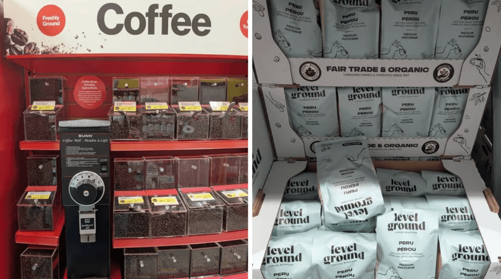 Rows of coffee beans at a store. Right: Bags of coffee.