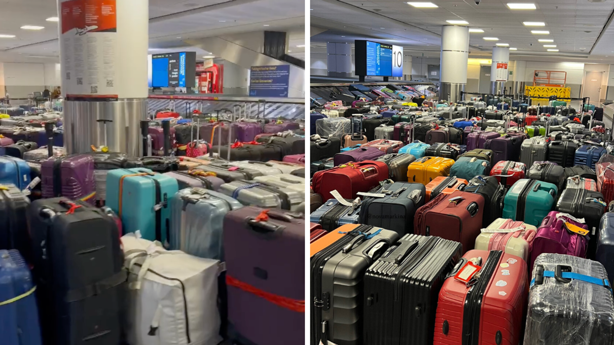 Rows of suitcases at Toronto Pearson Airport's luggage claim.