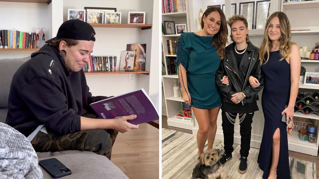 Roxane Bruneau. Droite : Roxane Bruneau, sa fiancée Caroline et sa belle-fille Joanie.