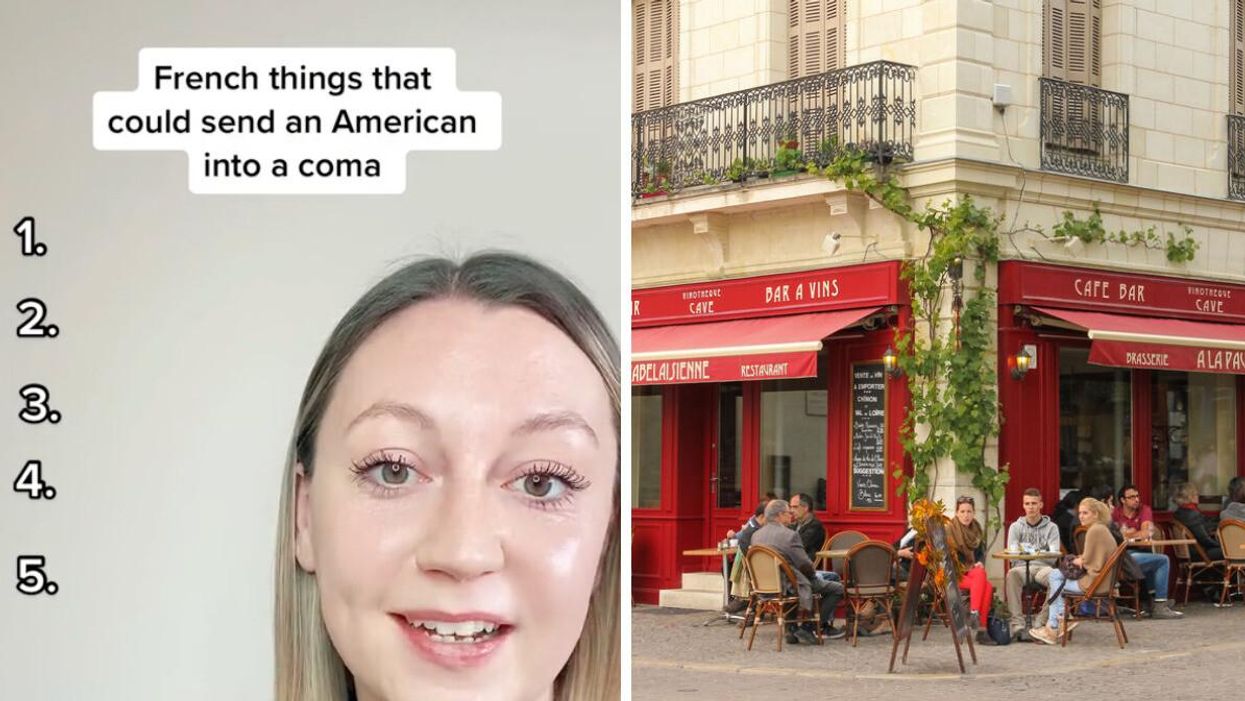 Roya in her viral TikTok clip. Right: A cafe in France.