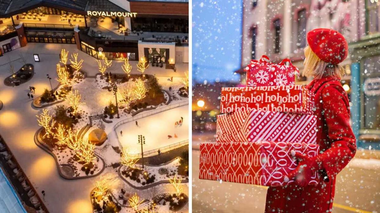 Royalmount shopping district with winter lights at night. Right: Person holding Christmas gifts on a snowy street.