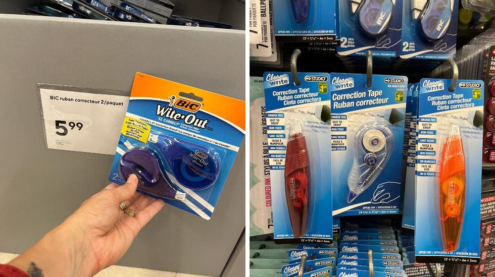 Ruban correcteur au Bureau en Gros. Droite : Ruban correcteur au Dollarama.