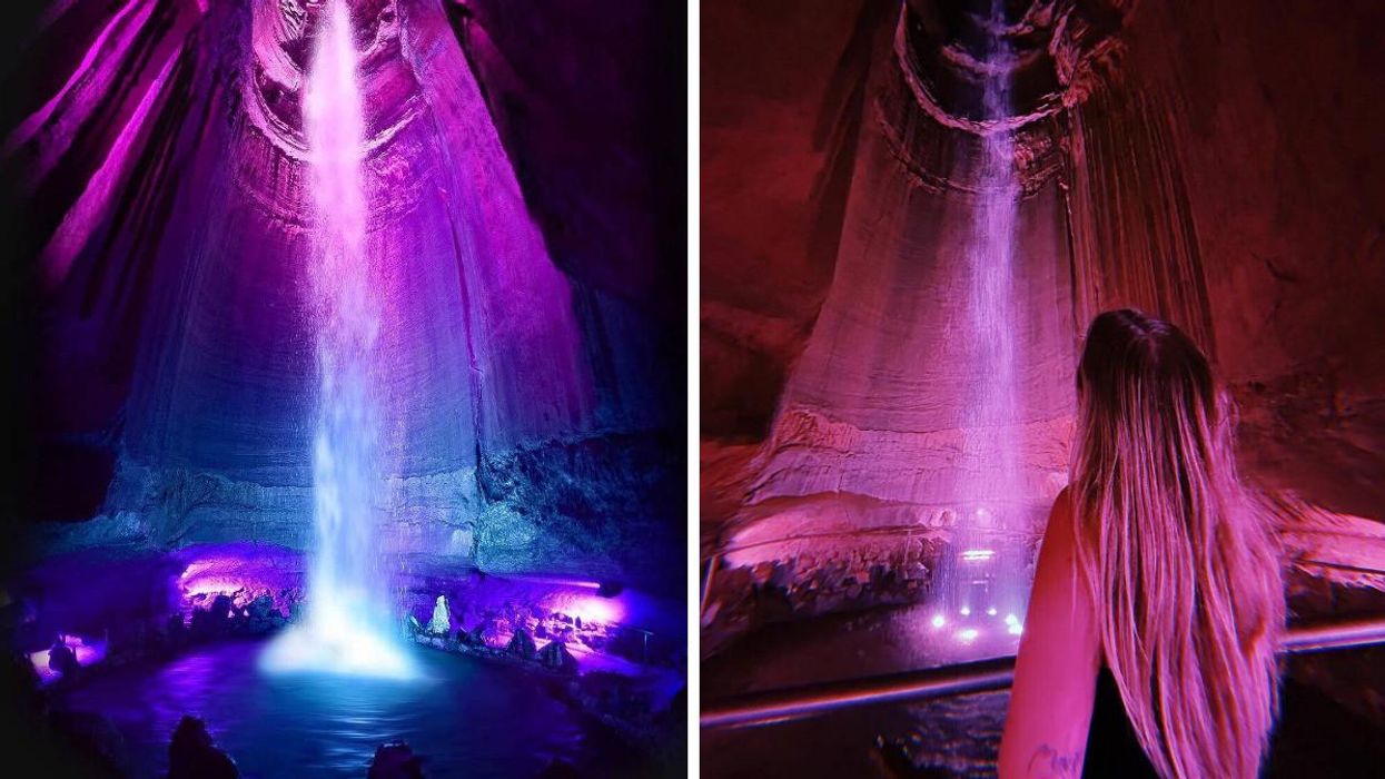 Ruby Falls inside Lookout Mountain. Right: A woman with long hairs looks at the Ruby Falls waterfall.