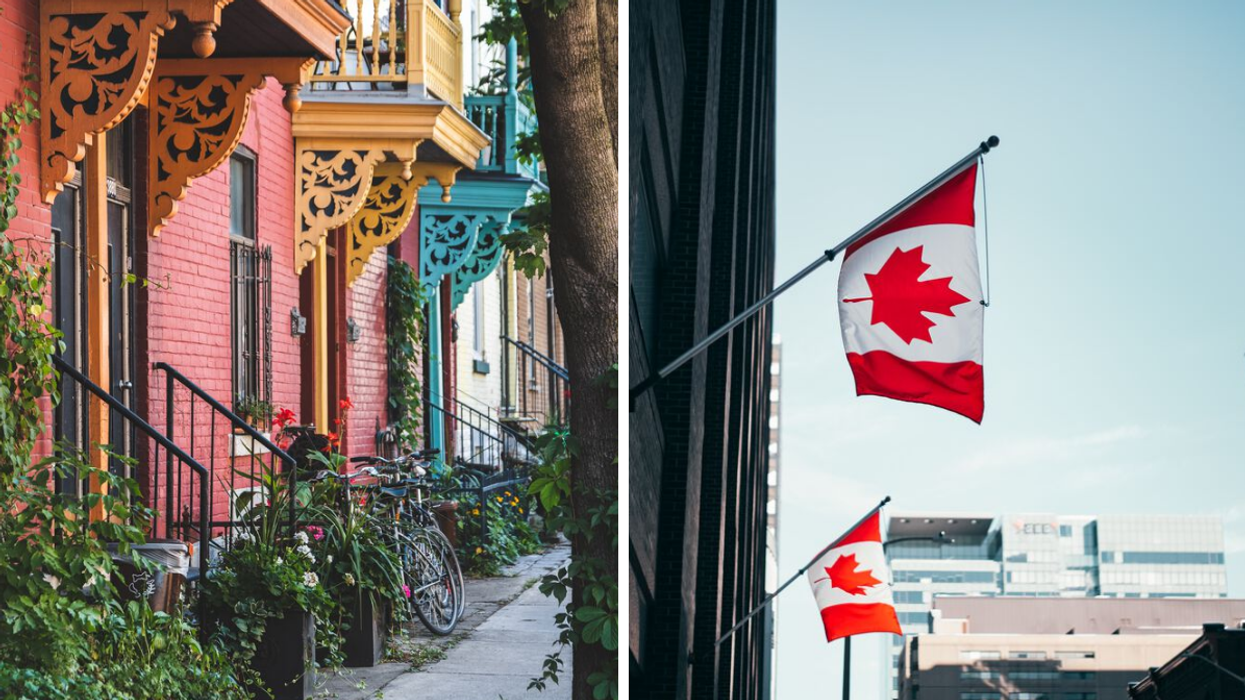 Rue à Montréal. Droite : Drapeaux du Canada.