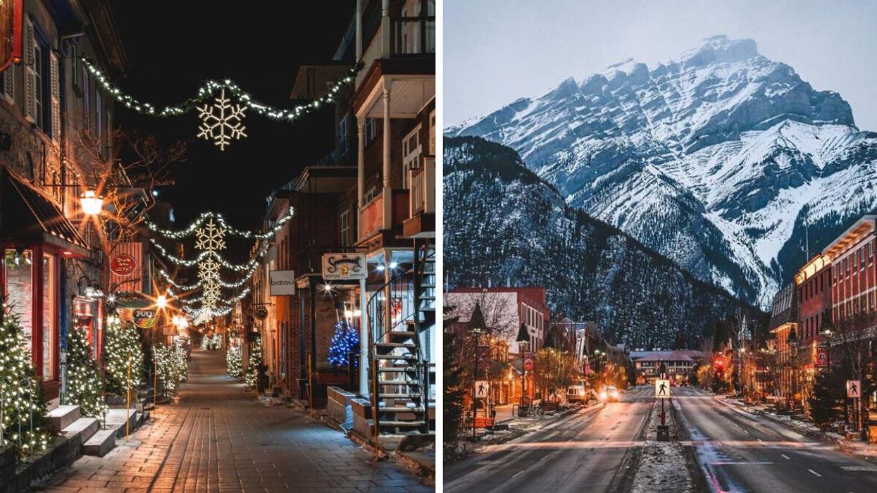 Rue du Petit-Champlain in Quebec. Right: Banff, Alberta.