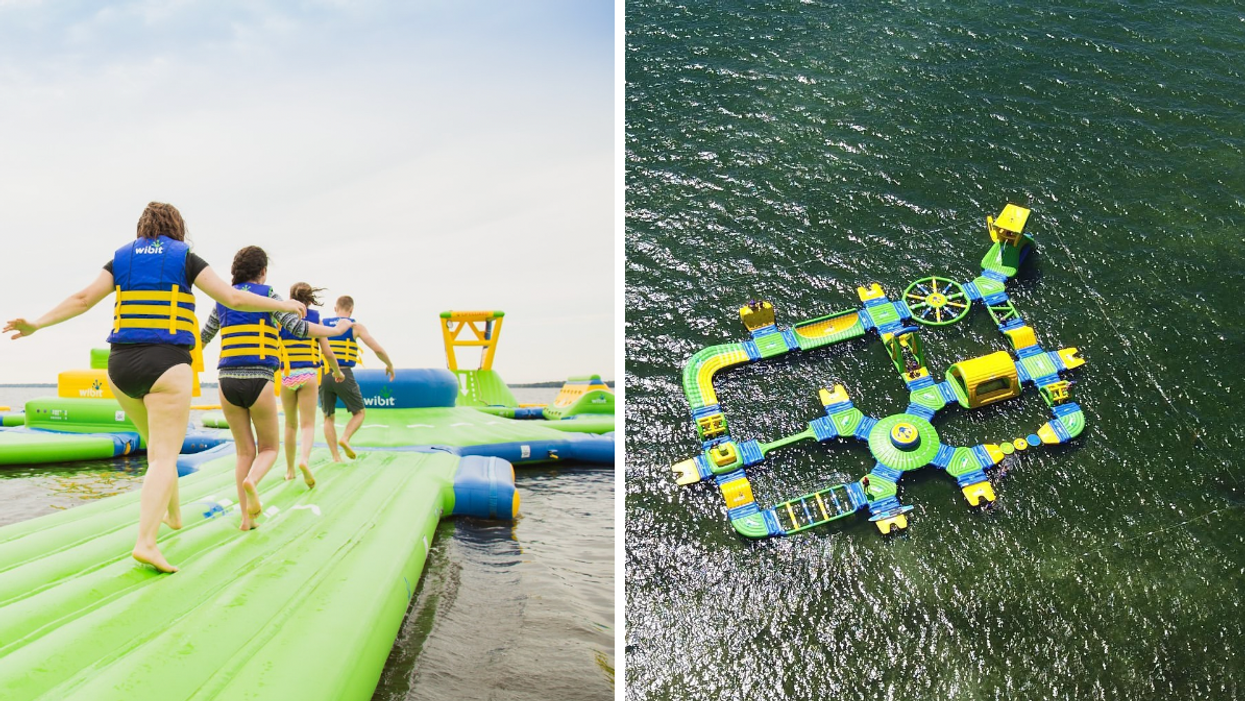 Running on a floating obstacle course. Right: Giant inflatable waterpark near Ottawa.