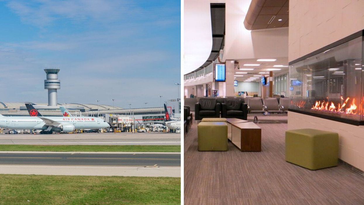 Runway at Toronto Pearson Airport. Right: seating area with a gas fireplace at Saskatoon airport.
