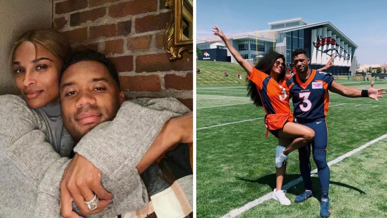 Russell Wilson and Ciara take a selfie. Right: Russell Wilson and Ciara in matching Broncos jerseys on a football field.