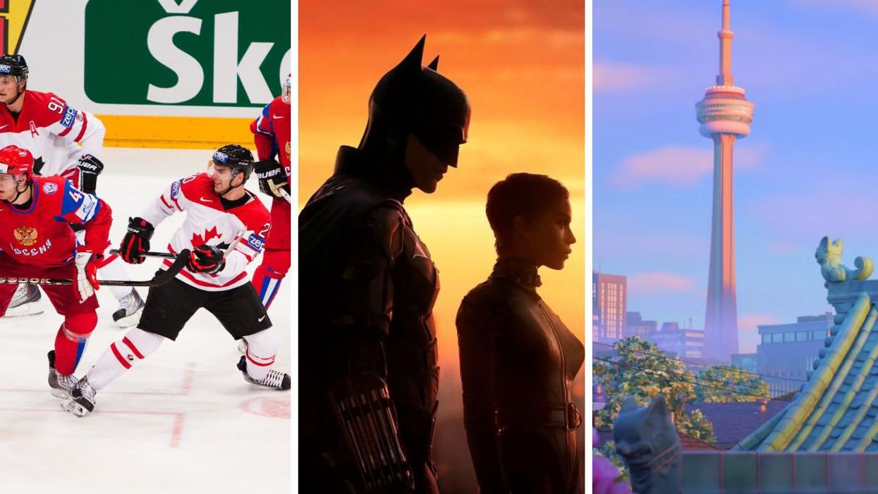 Russia vs Canada in a hockey tournament. Middle: Robert Pattinson and Zoe Kravitz in ‘The Batman.’ Right: The CN Tower in Pixar’s ‘Turning Red.’