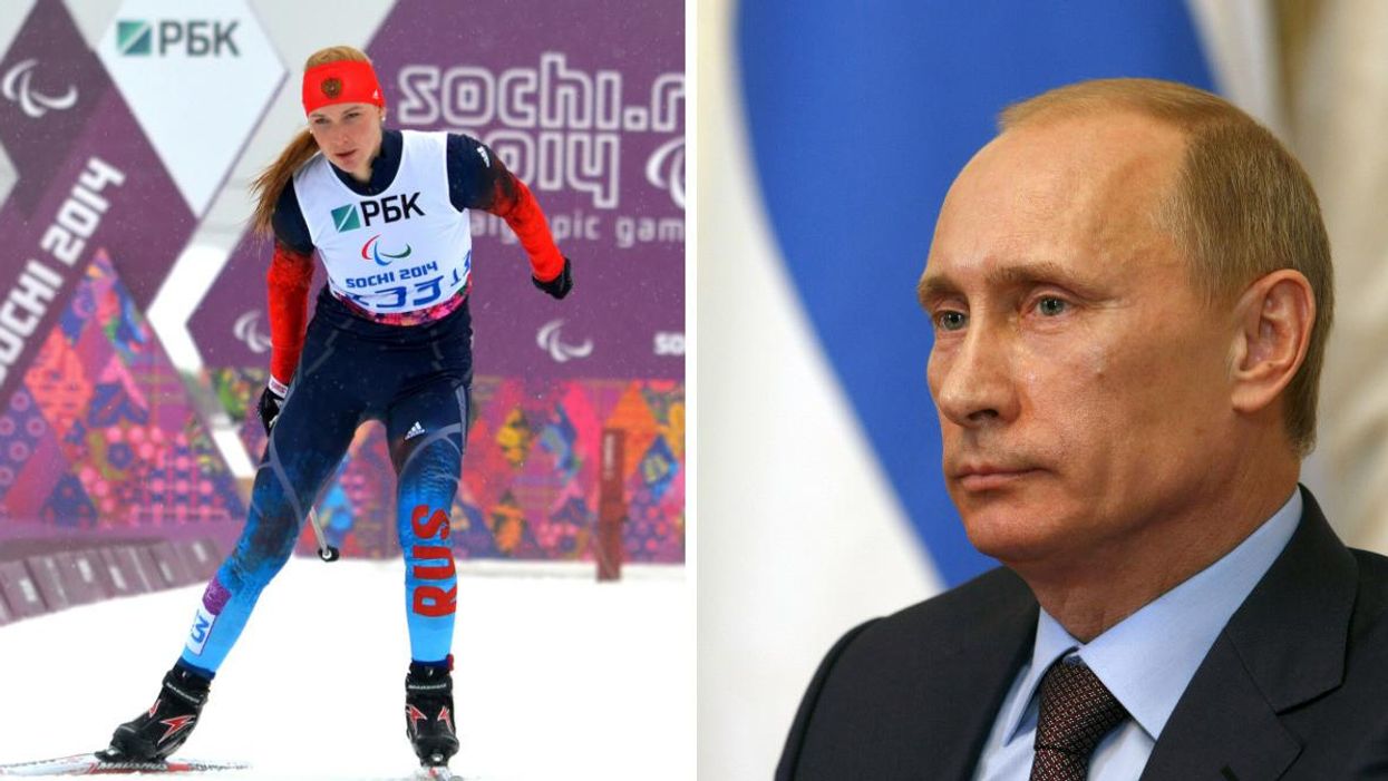 Russian Paralympian at the Sochi 2014 Games. Right: Russian President Vladimir Putin at a conference.