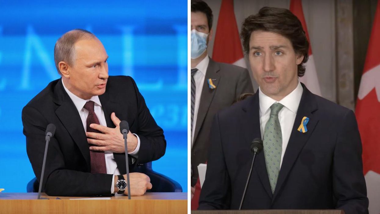 Russian President Vladimir Putin. Right: Canadian Prime Minister Justin Trudeau.