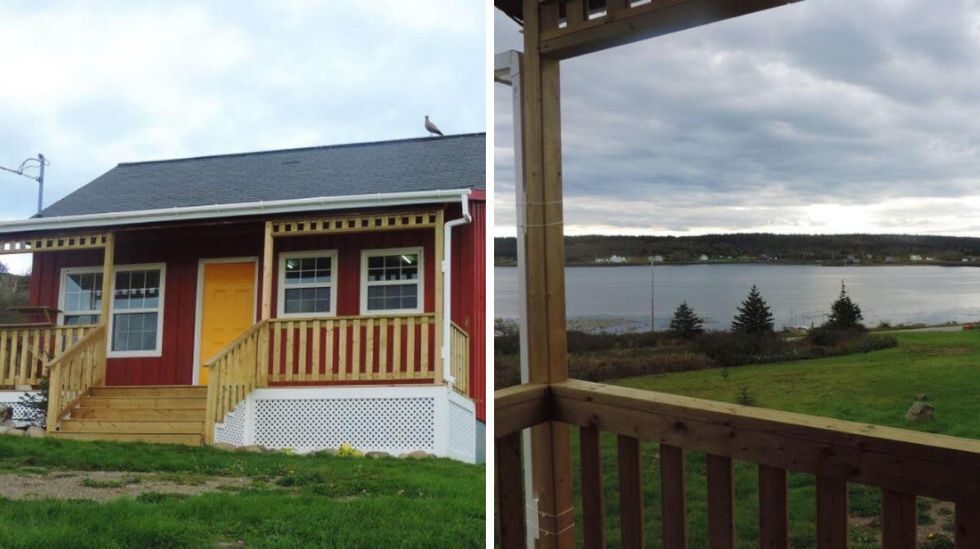 Rustic cabin exterior. Right: Views from the porch.