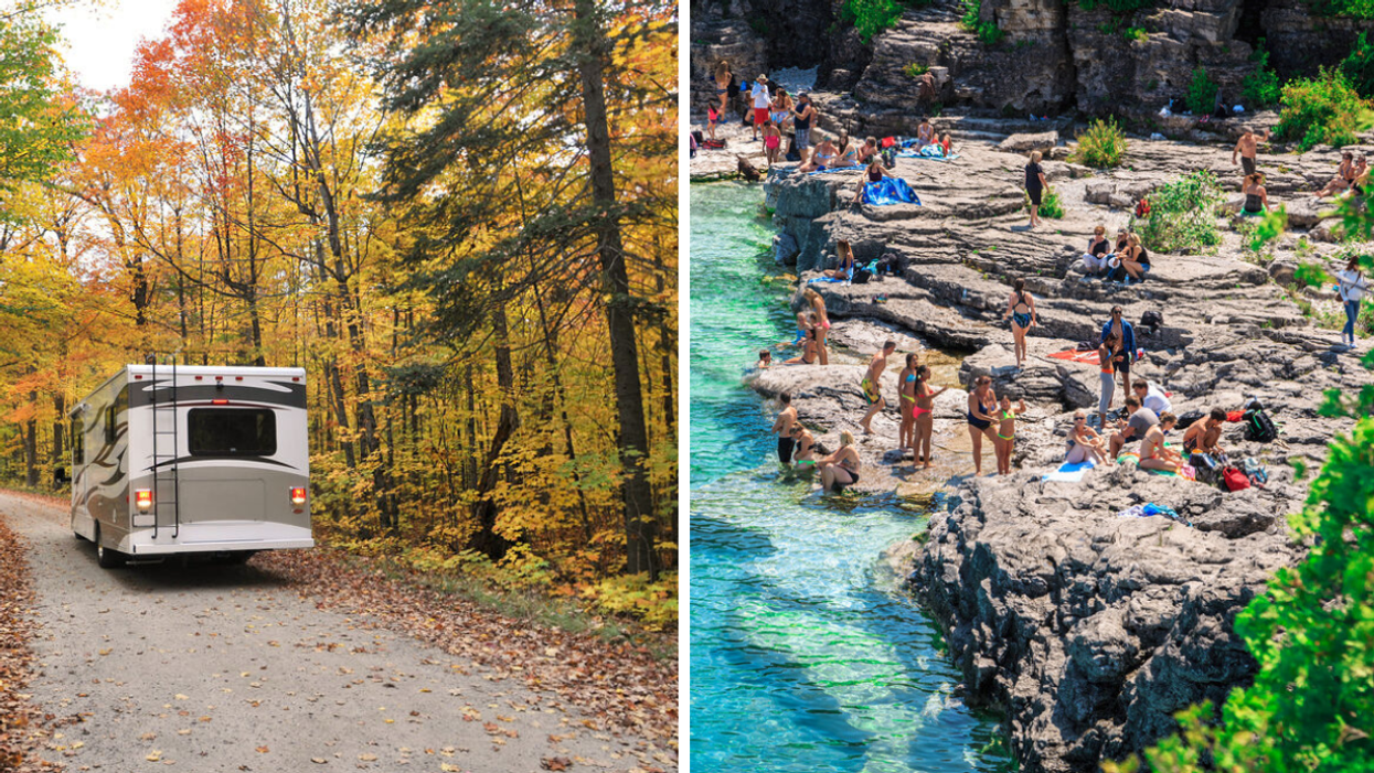 RV on Ontario road. Right: Ontario swimming hole.
