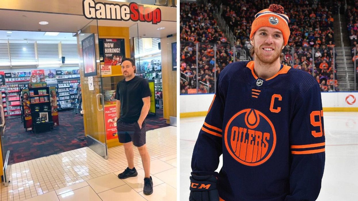 Ryan Cohen outside a GameStop in Florida. Right: Connor McDavid smiling at Rogers Place in Edmonton. 