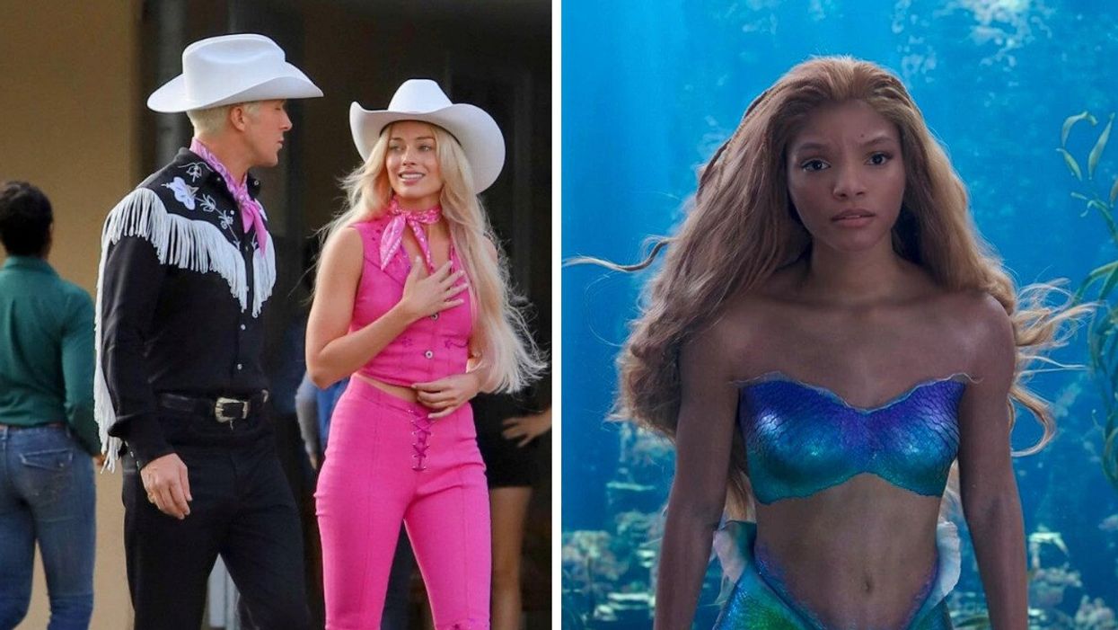 Ryan Gosling and Margot Robbie in the 2023 Barbie movie. Right: Halle Bailey as Ariel in The Little Mermaid.