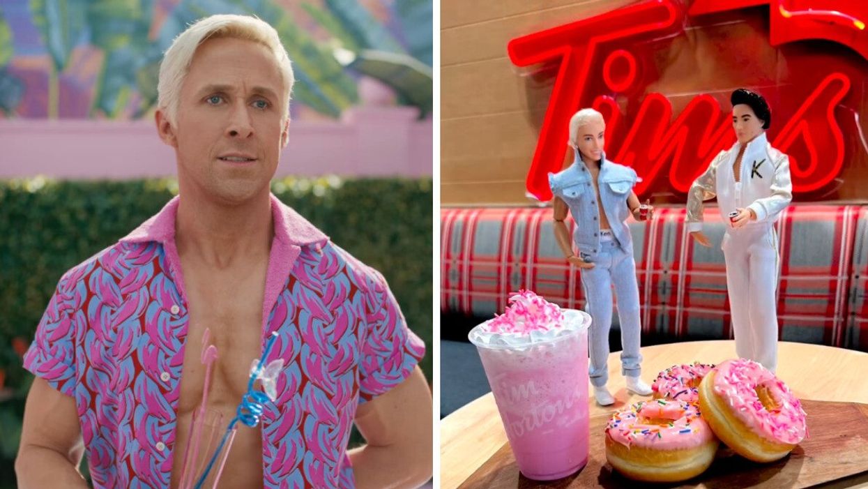 Ryan Gosling as Ken in the "Barbie" movie. Right: A Tim Hortons ad with Ken and Barbie.