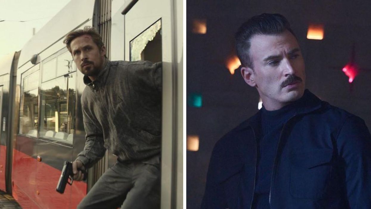 Ryan Gosling hanging out of a bus in The Gray Man. Right: Chris Evans with a moustache.