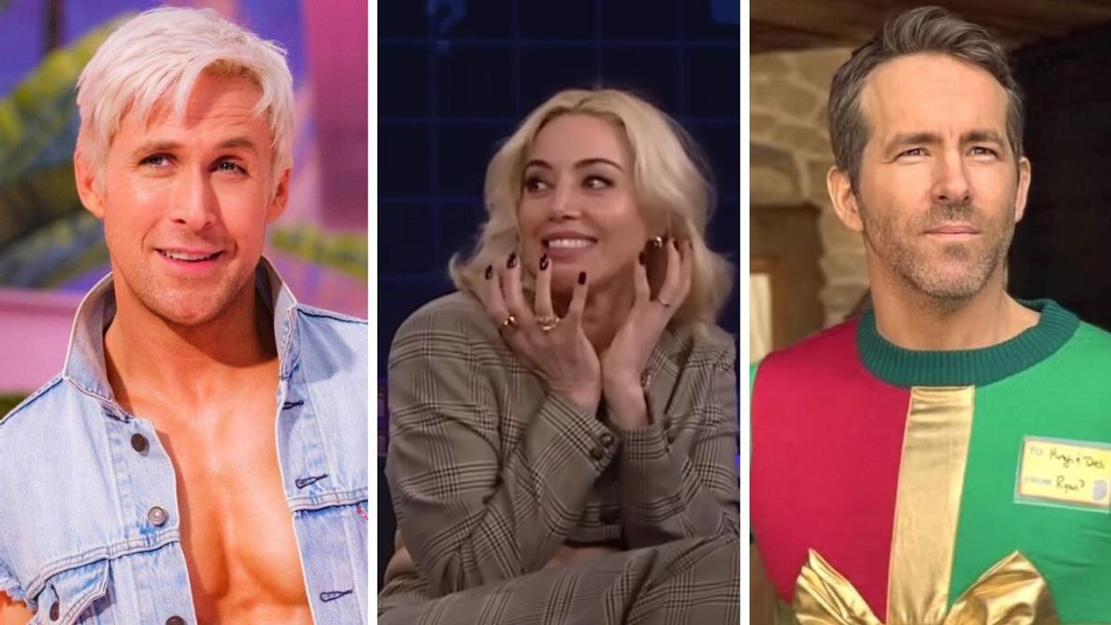 Ryan Gosling in "Barbie." Middle: Aubrey Plaza on "The Tonight Show." Left: Ryan Reynolds.