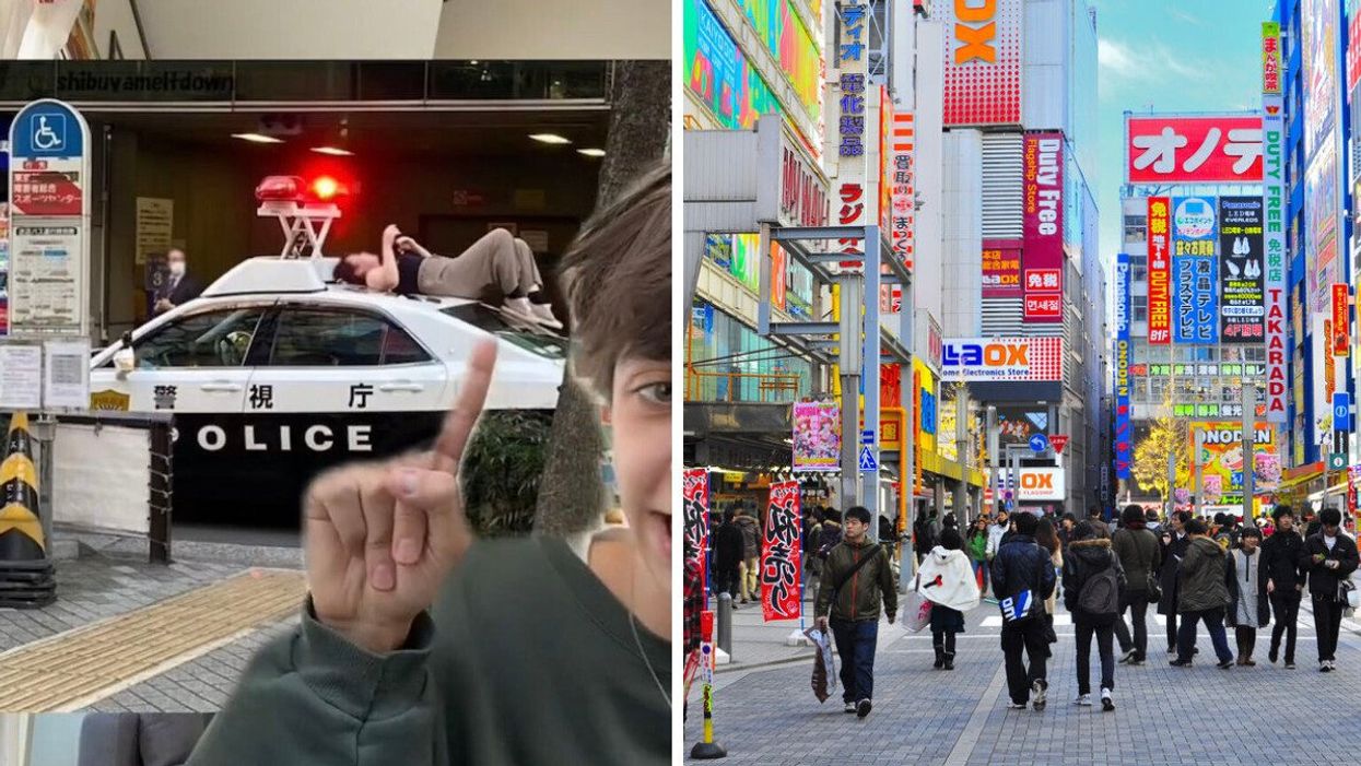 Ryan pointing into a person on top of a police vehicle in Japan. Right: Akihabara in Tokyo, Japan.