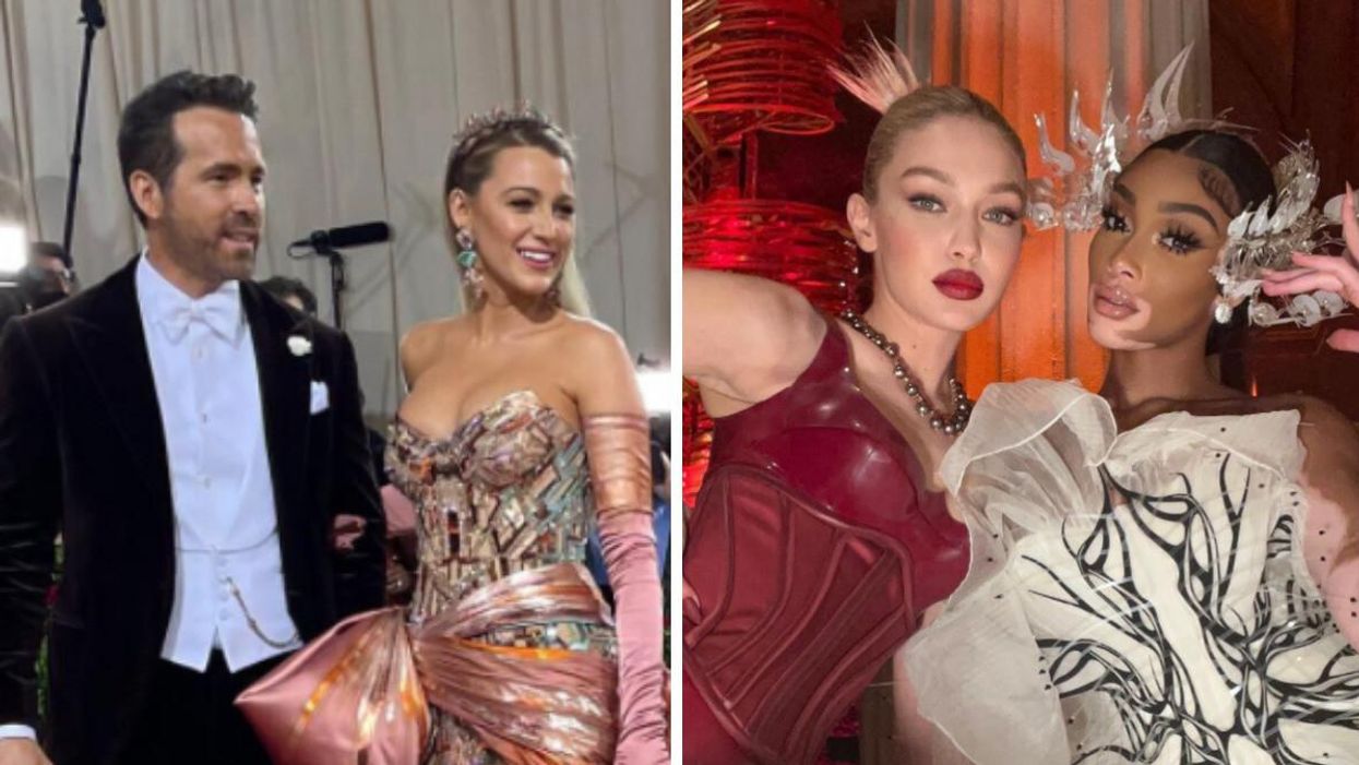 Ryan Reynolds and Blake Lively at the Met Gala. Right: Gigi Hadid and Winnie Harlow posing at the Met Gala.